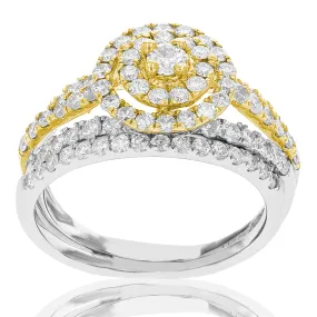 1 1/4 cttw Diamond Wedding Engagement Ring Set 14K White Yellow Gold Halo