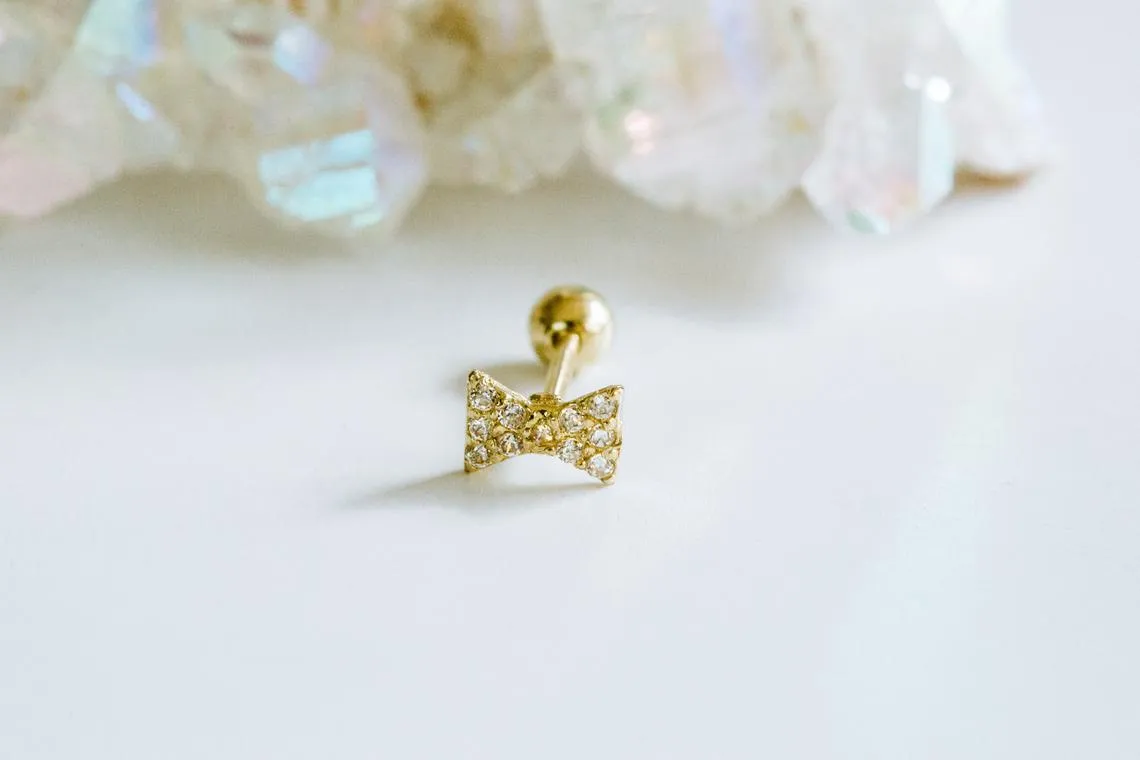 14k Gold Solid Cubic Ribbon Barbell Ear Stud Piercing