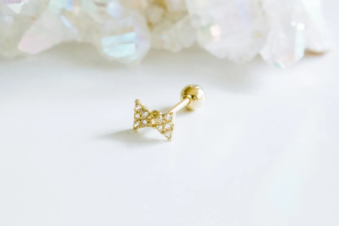 14k Gold Solid Cubic Ribbon Barbell Ear Stud Piercing