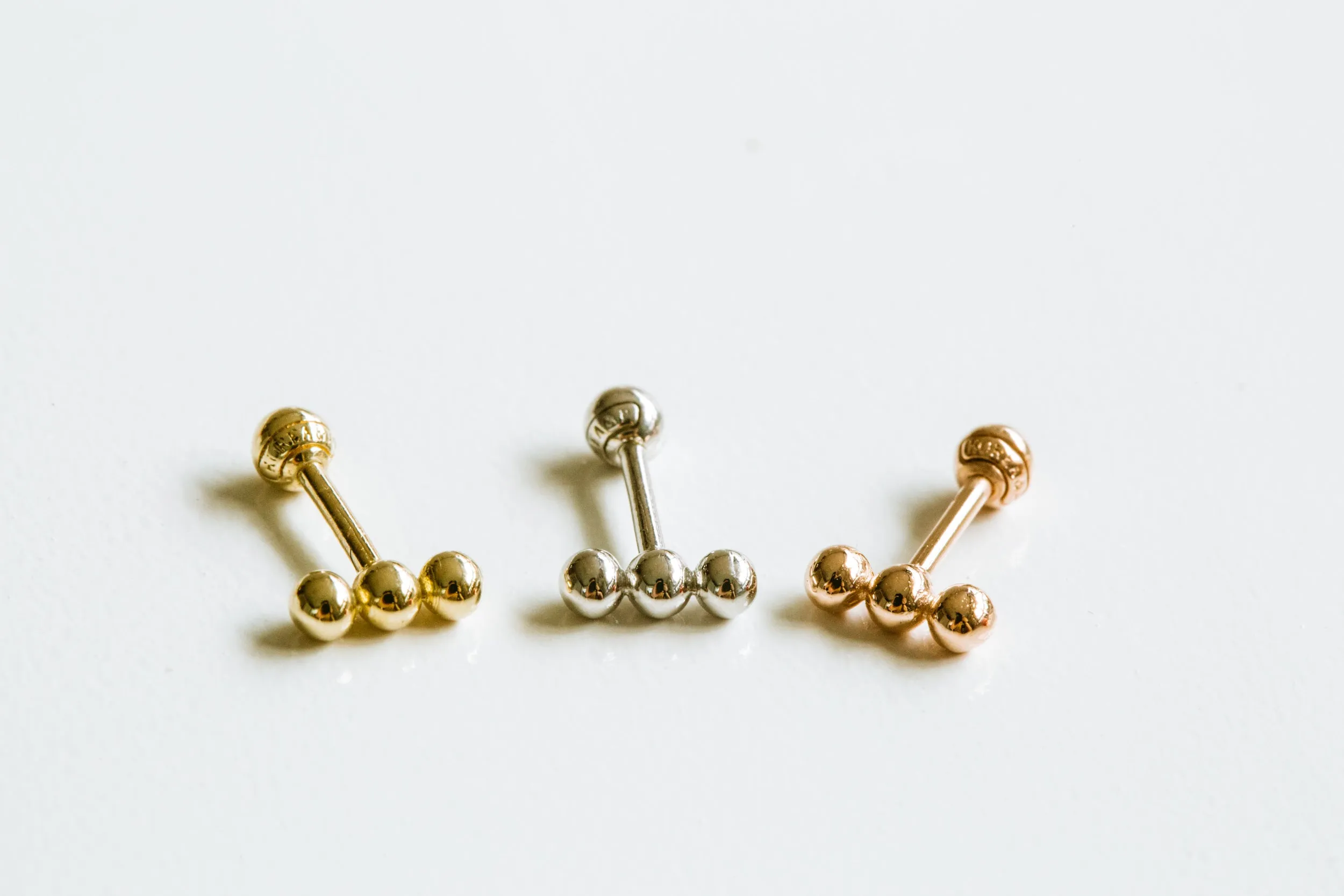 14k Gold Three Ball Bar Barbell Ear Stud Piercing