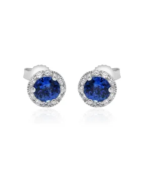 14K White Gold Sapphire and Diamond Halo Stud Earrings