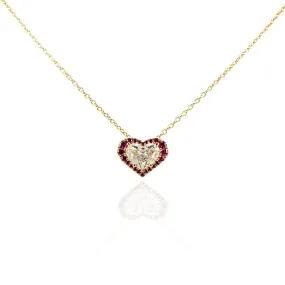 14K YELLOW GOLD HEART SHAPE DIAMOND AND RUBY FRAME PENDANT