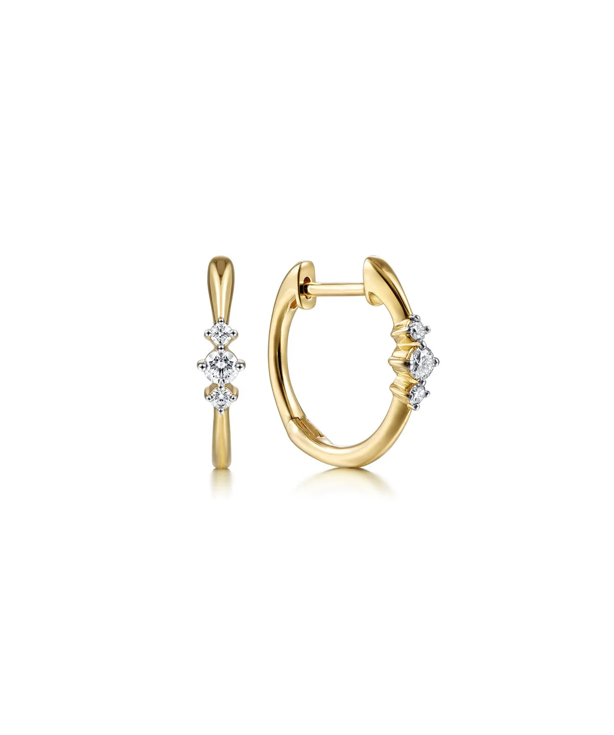 14K Yellow Gold Huggies with Three Diamond Stations