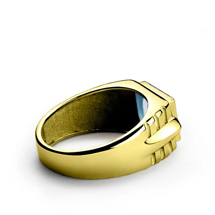 14k Yellow Gold Men's Ring with Blue Topaz Gemstone and Genuine Diamonds