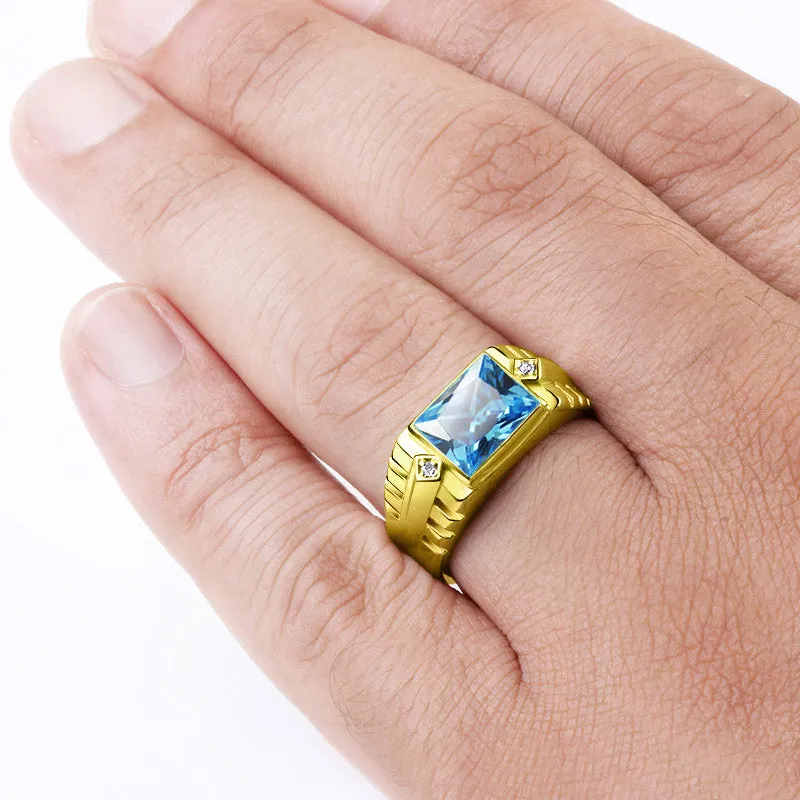 14k Yellow Gold Men's Ring with Blue Topaz Gemstone and Genuine Diamonds