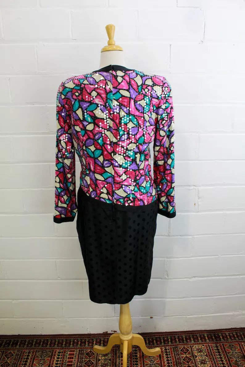 1980s Ann Crimmins Sequin Silk Dress, Medium