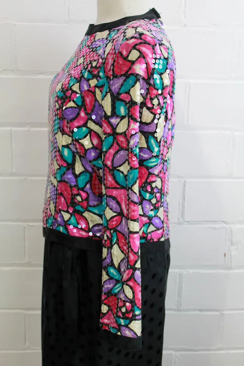 1980s Ann Crimmins Sequin Silk Dress, Medium