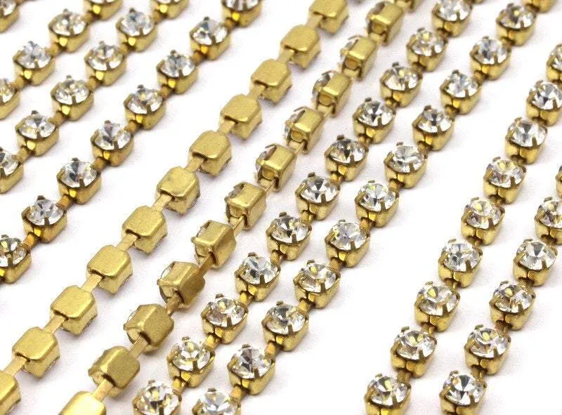 2 Feet Vintage 3.2mm  Crystal Rhinestone Chain With Brass Frame - Made In Austria AU05   Z144