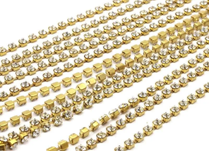 2 Feet Vintage 3.2mm  Crystal Rhinestone Chain With Brass Frame - Made In Austria AU05   Z144