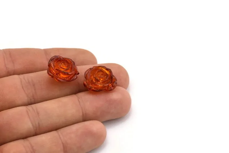 4 Synthetic Amber Red Rose Shaped Flower Cabochons (17mm) Y035