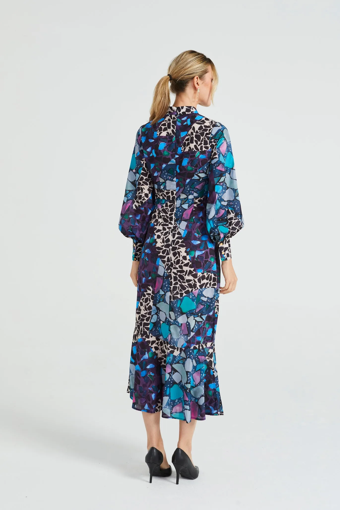 Angeleye Multi Print Long Chiffon High Neck Tea Dress