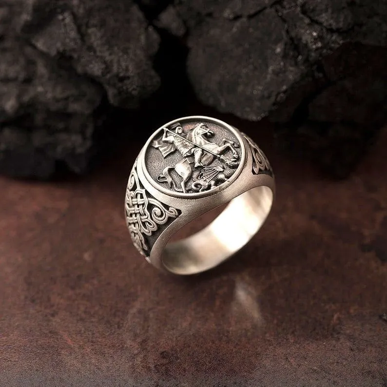 Archangel Saint Michael Silver Men Ring, Religious Jewelry, Signet Rings, Gift For Men