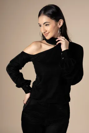 Black Off Shoulder Velvet Top For Women