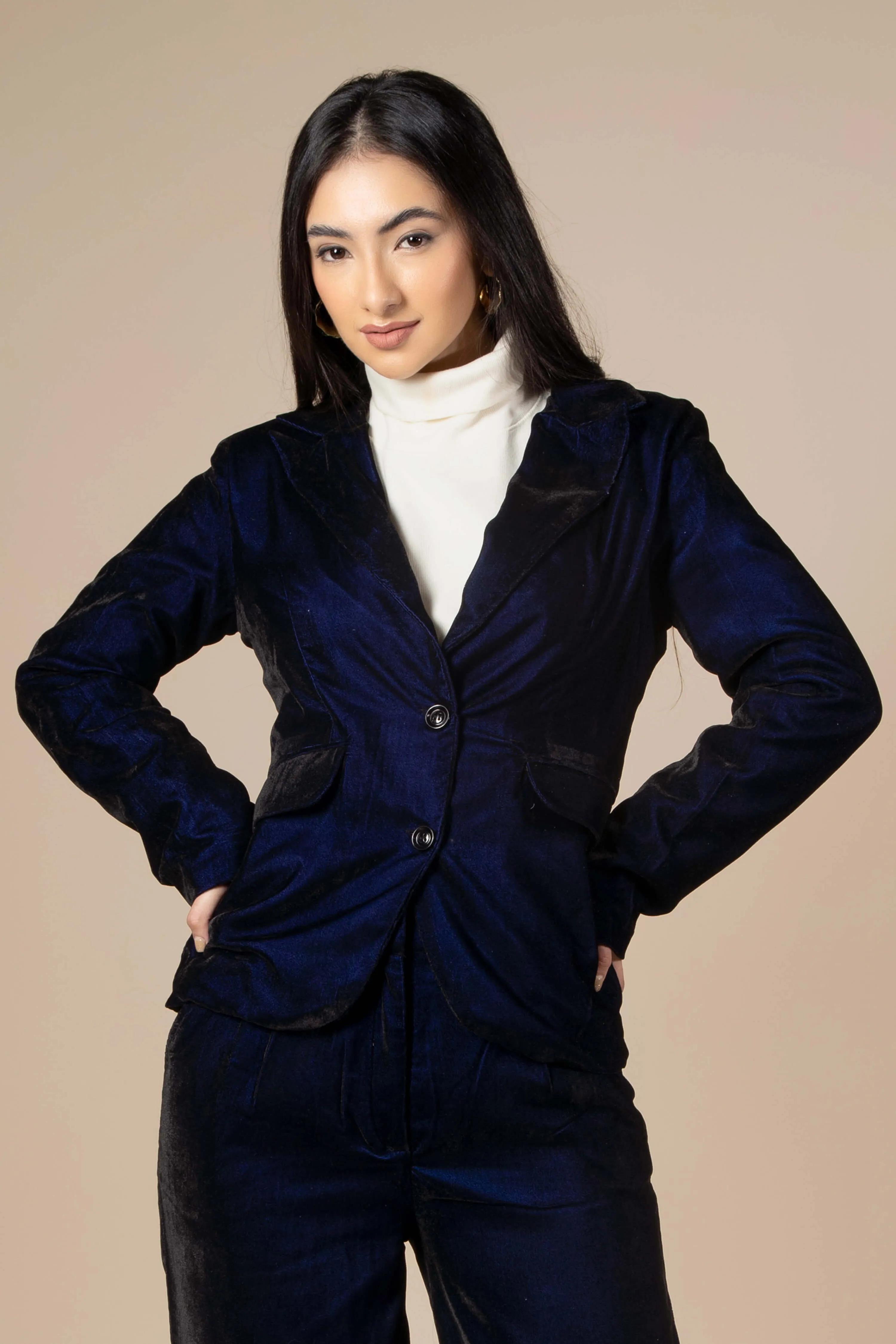 Blue Dual Tone Luxurious Velvet Blazer For Women