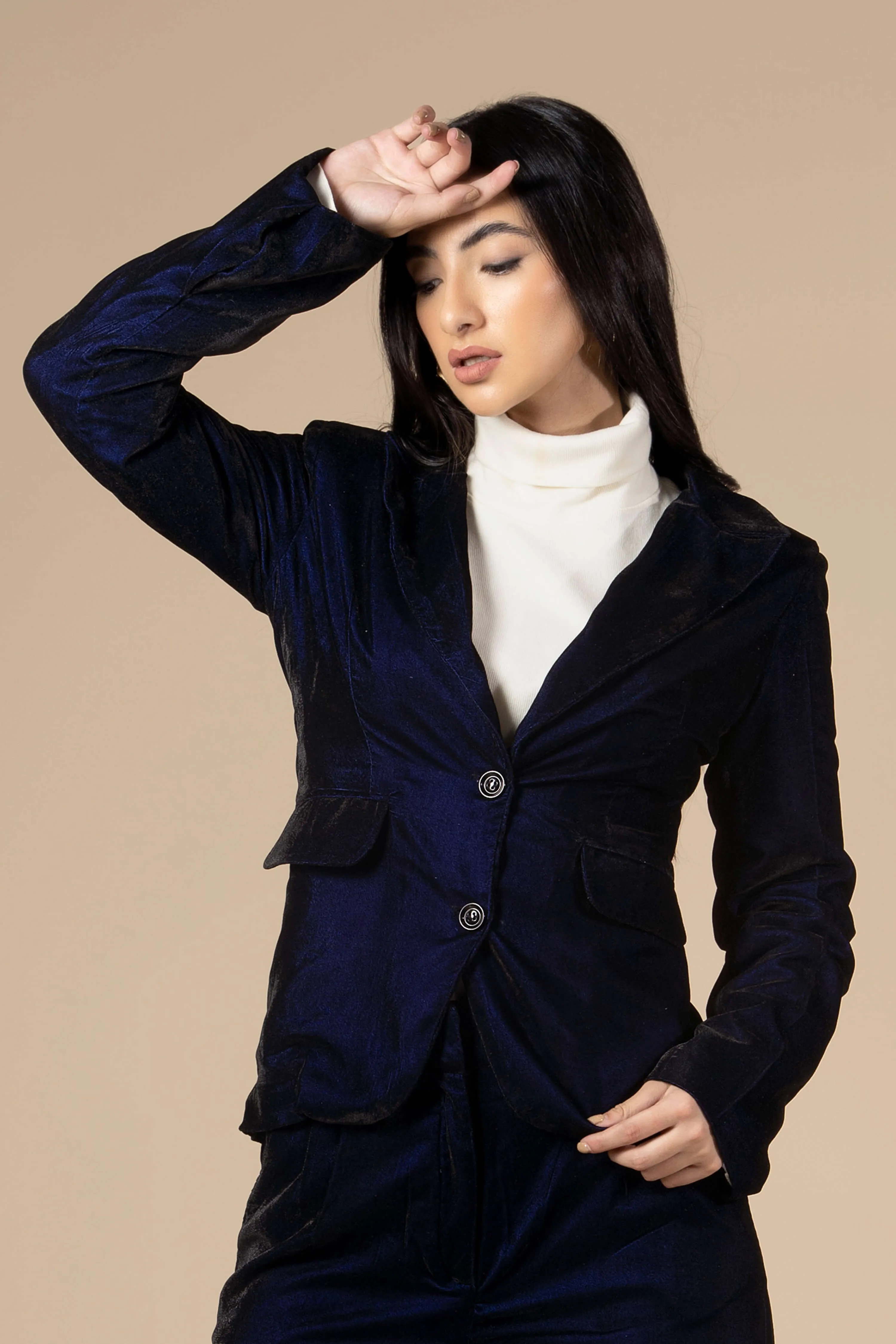 Blue Dual Tone Luxurious Velvet Blazer For Women