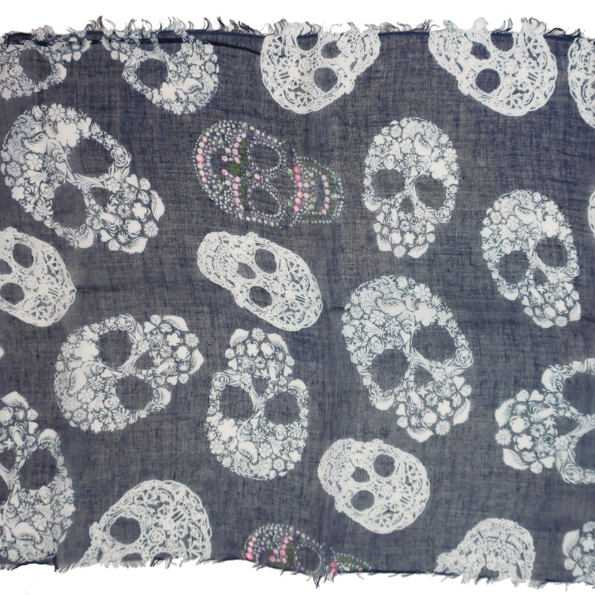 Blue Pacific Frida Cashmere and Silk Sugar Skull Neckerchief Scarf in Navy Blue