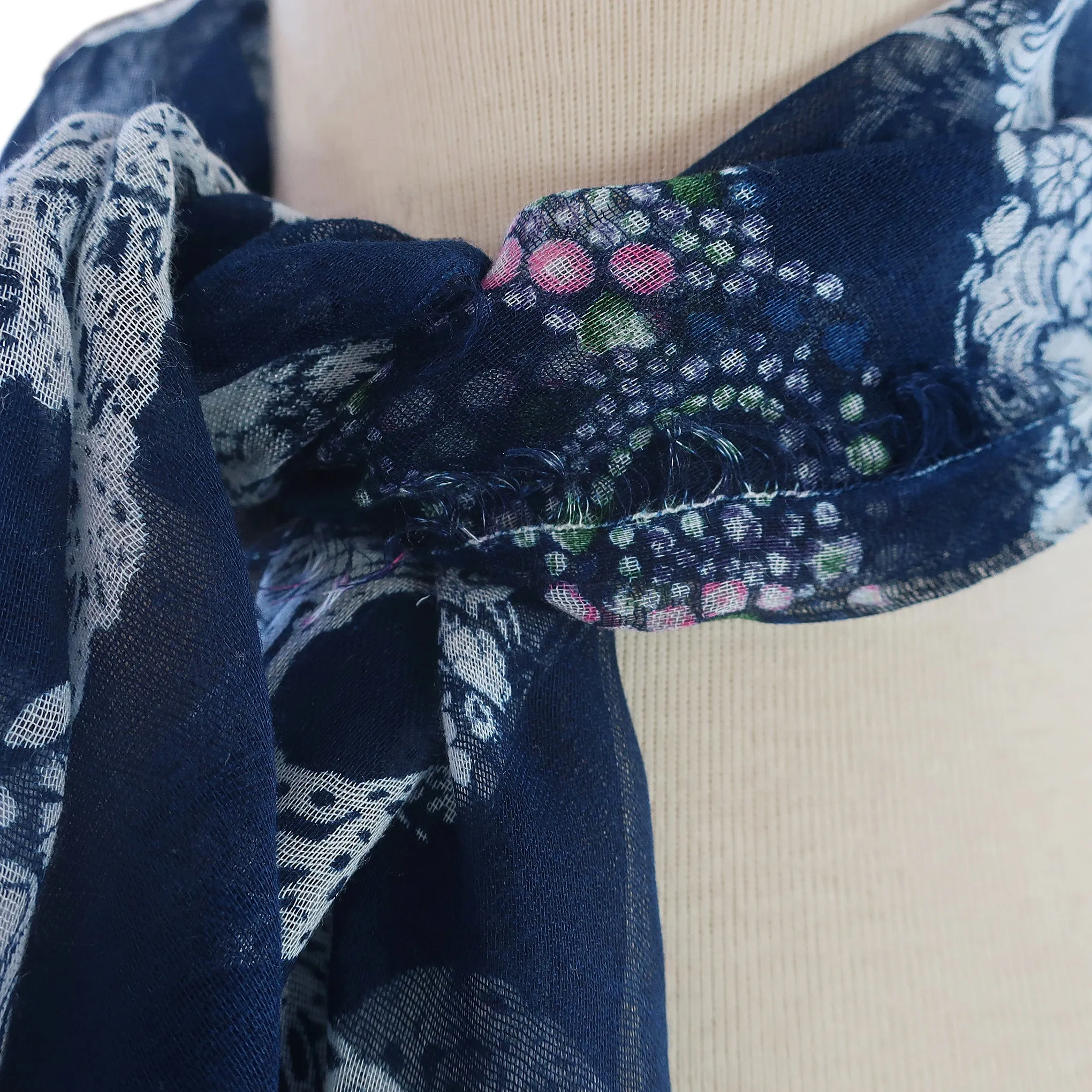 Blue Pacific Frida Cashmere and Silk Sugar Skull Neckerchief Scarf in Navy Blue