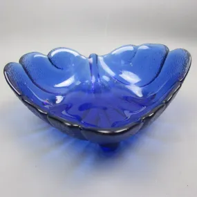 Bristol Blue Glass Leaf Design Three Footed Bon Bon Dish Bowl Vintage c1950