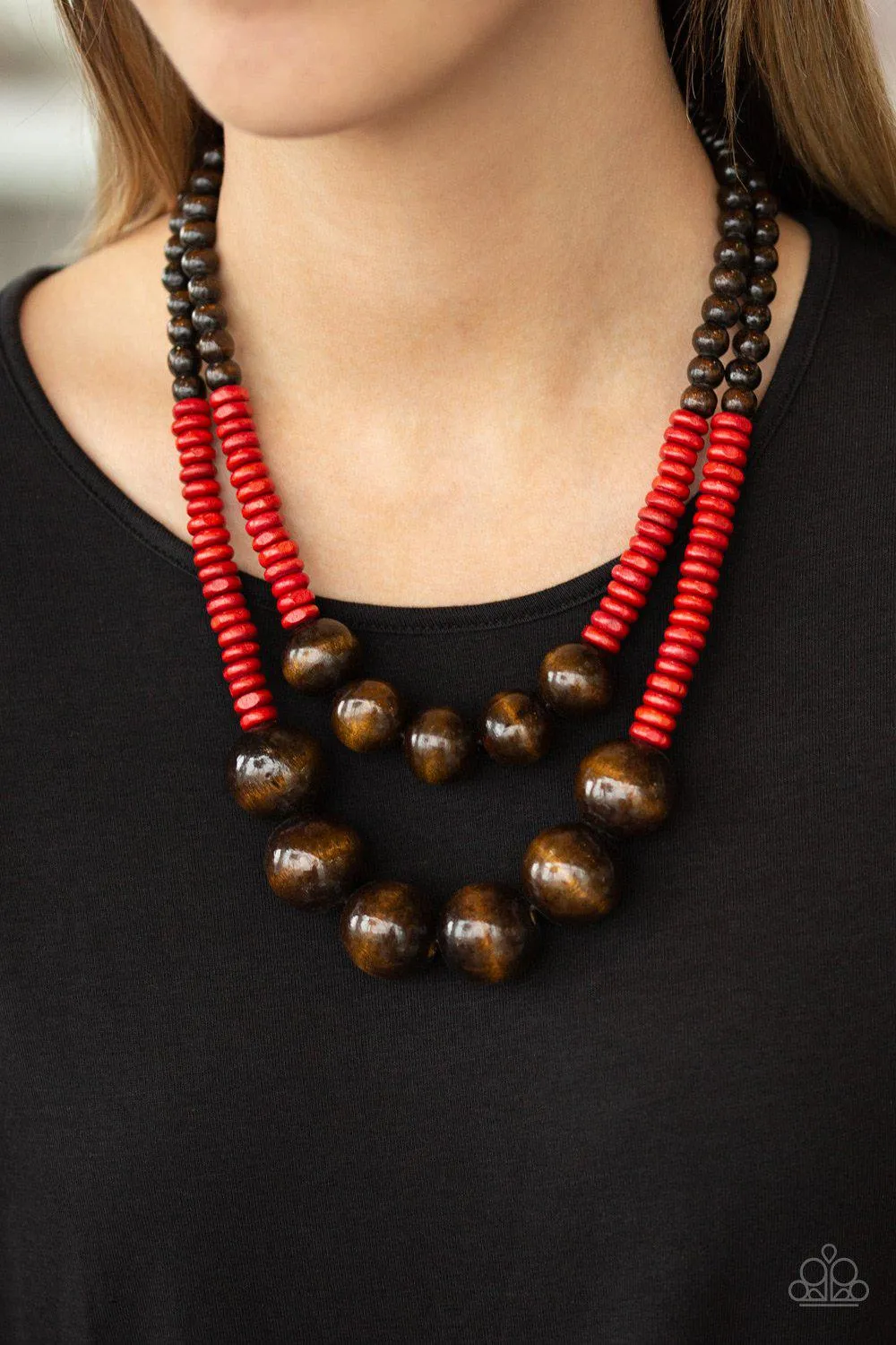 Cancun Cast Away Red and Brown Wood Necklace - Paparazzi Accessories