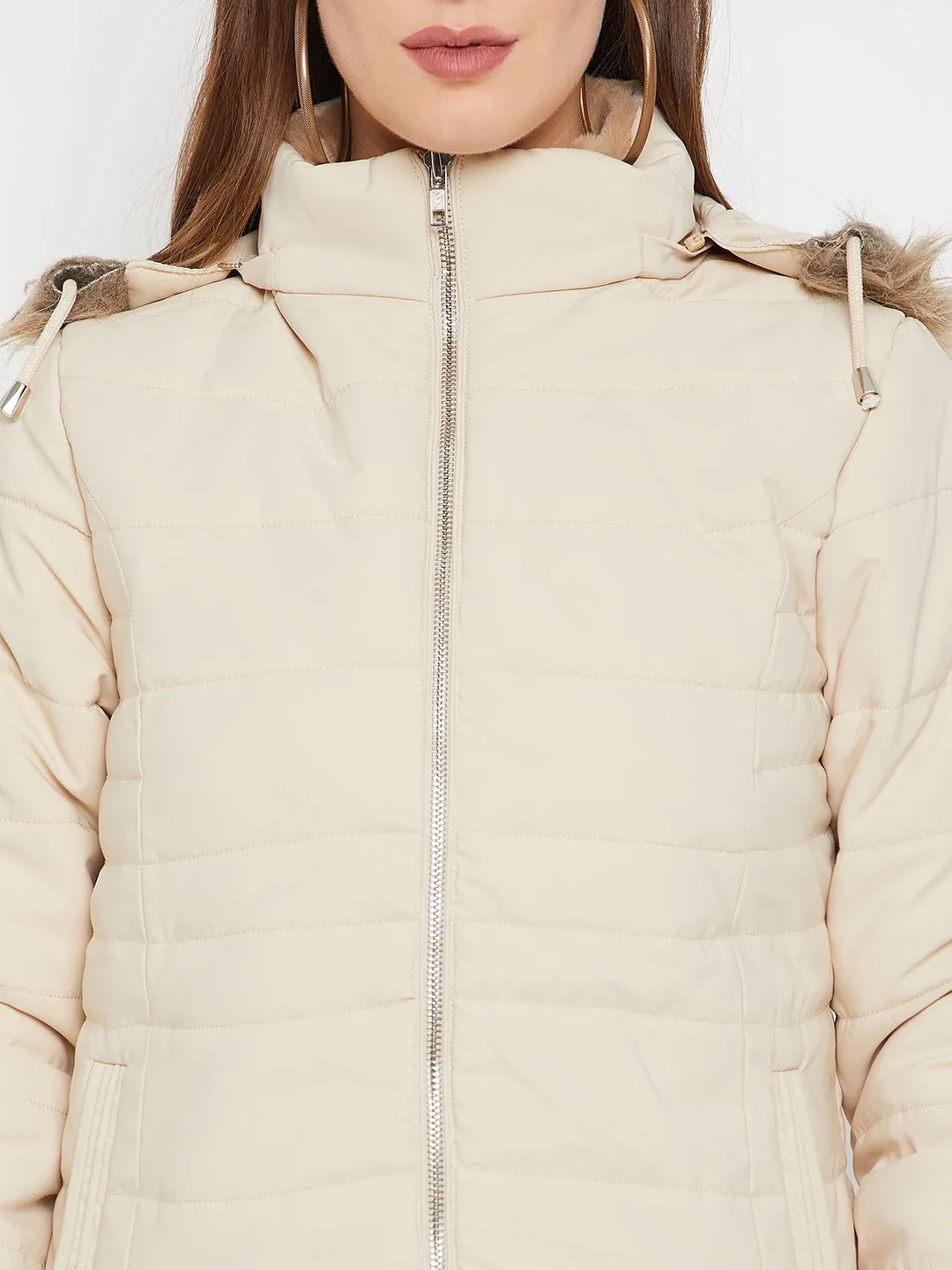 Cantabil Beige Full Sleeves Detachable Hooded Neck Puffer Casual Jacket For Women