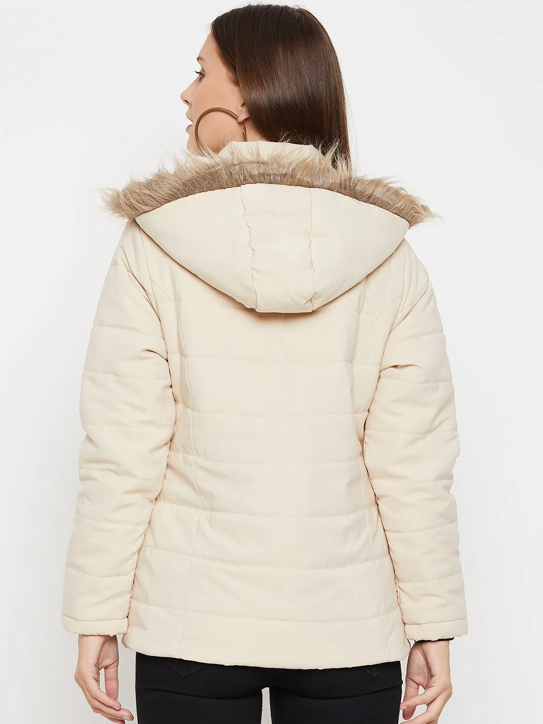 Cantabil Beige Full Sleeves Detachable Hooded Neck Puffer Casual Jacket For Women