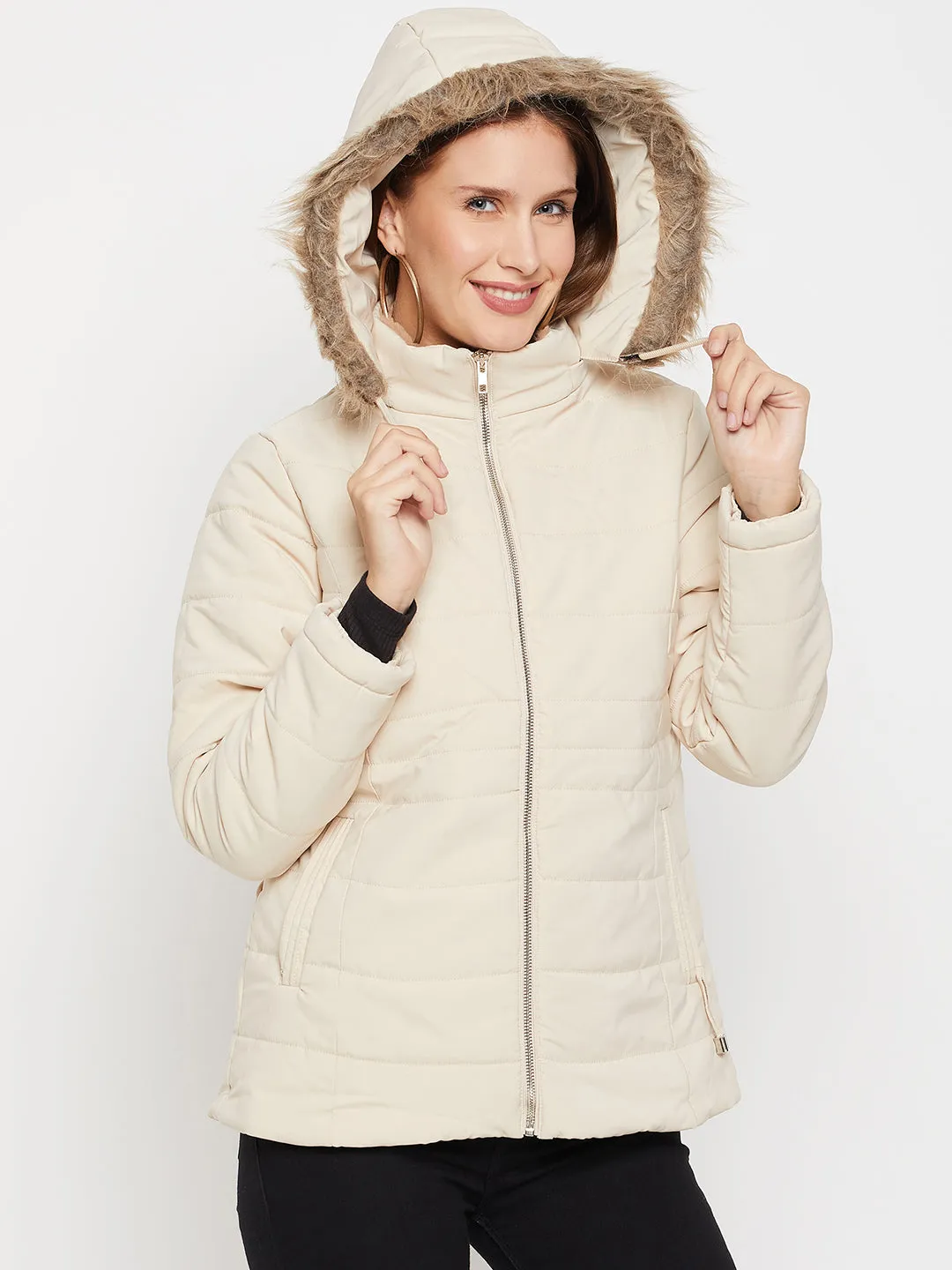 Cantabil Beige Full Sleeves Detachable Hooded Neck Puffer Casual Jacket For Women