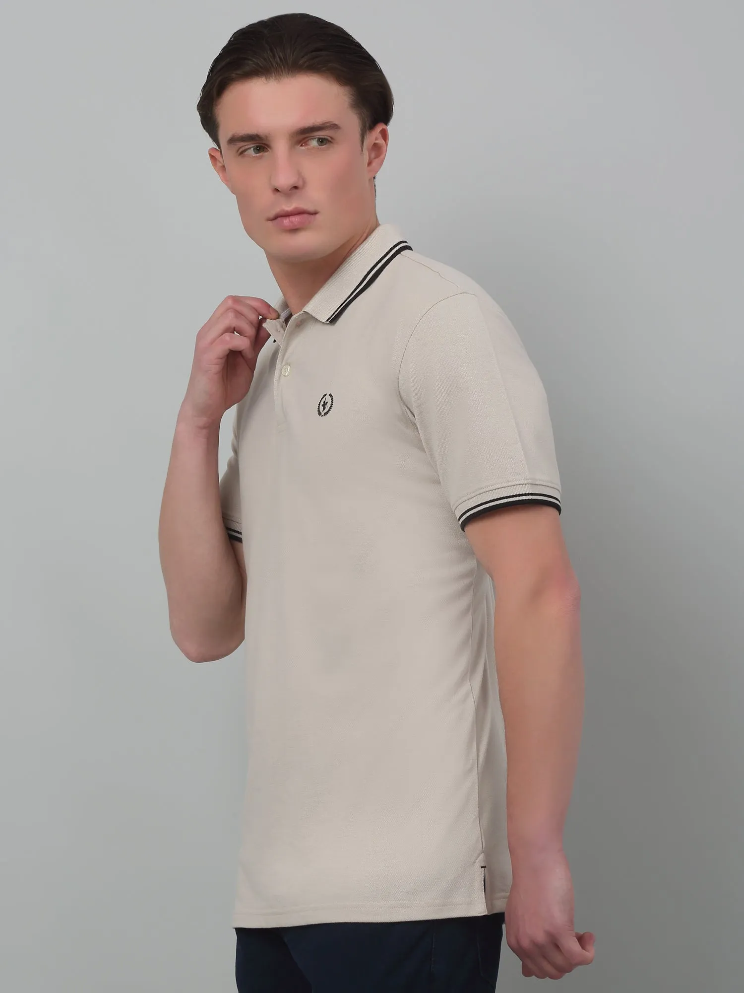 Cantabil Beige Solid Polo Neck Half Sleeve T-shirt For Men