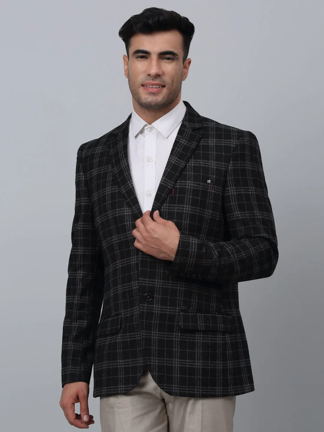 Cantabil Black Checkered Full Sleeves Formal Blazer For Men