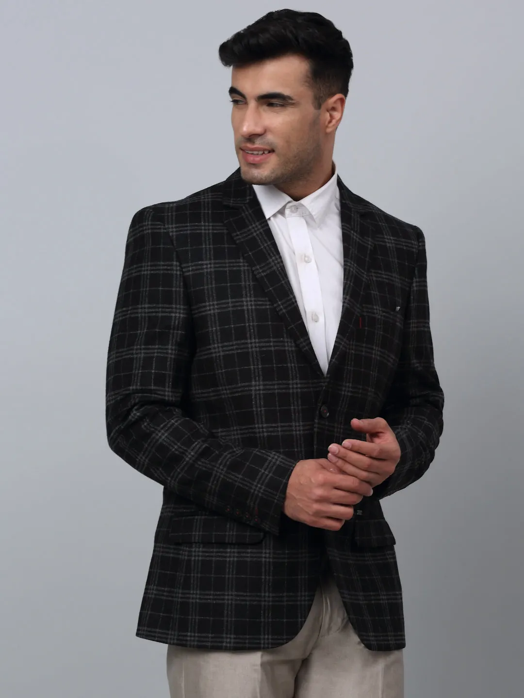 Cantabil Black Checkered Full Sleeves Formal Blazer For Men