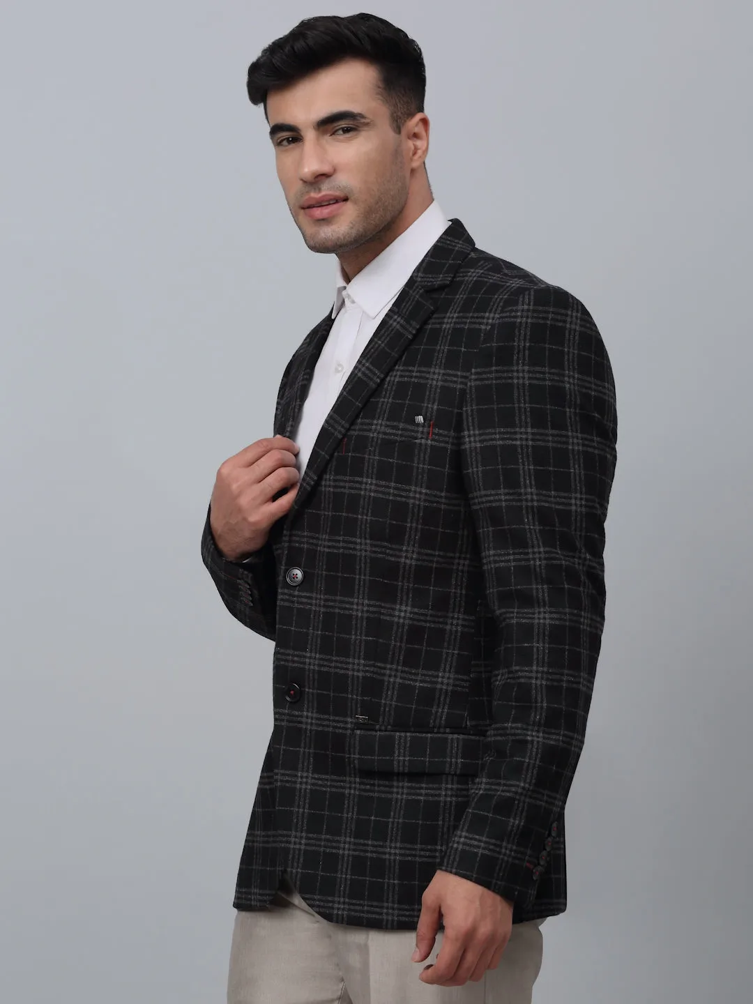 Cantabil Black Checkered Full Sleeves Formal Blazer For Men