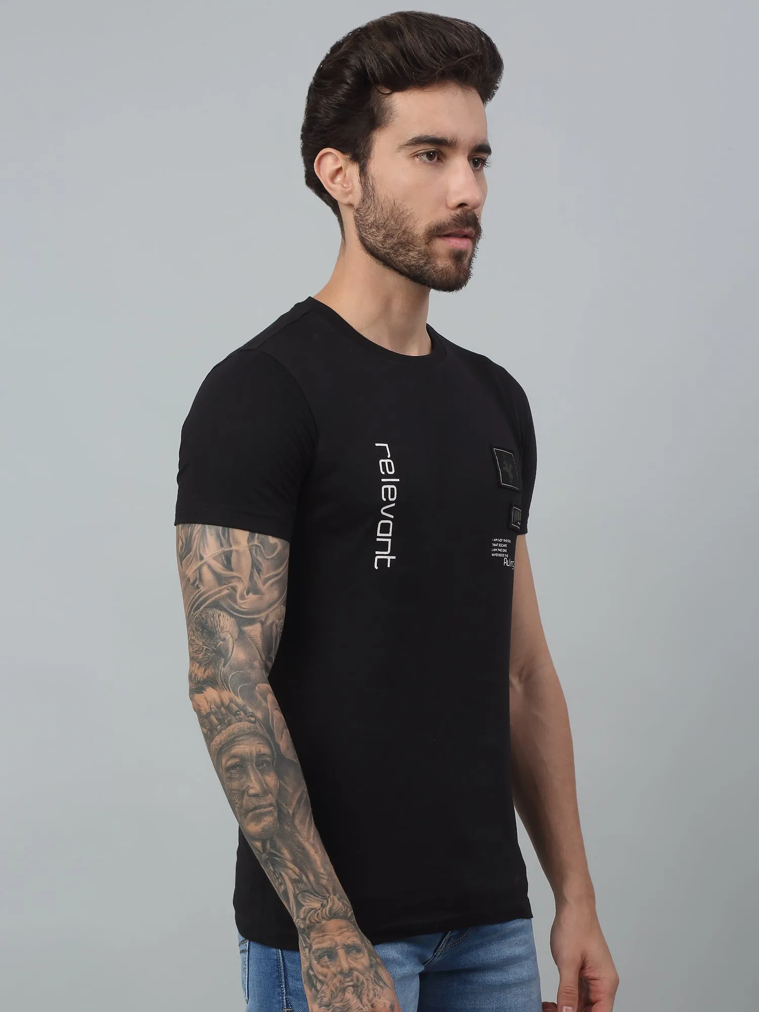 Cantabil Black Printed Round Neck Half Sleeve T-Shirt For Men