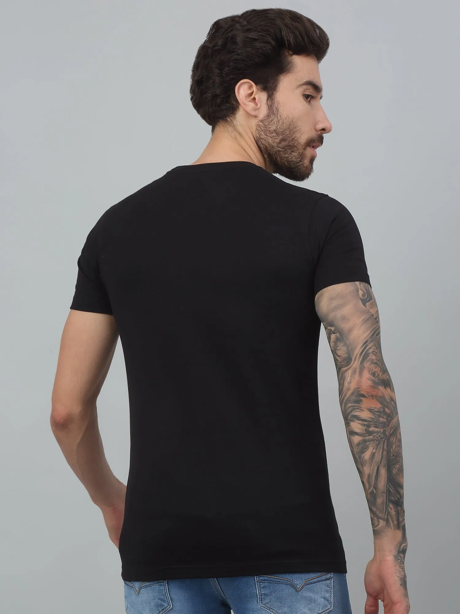 Cantabil Black Printed Round Neck Half Sleeve T-Shirt For Men