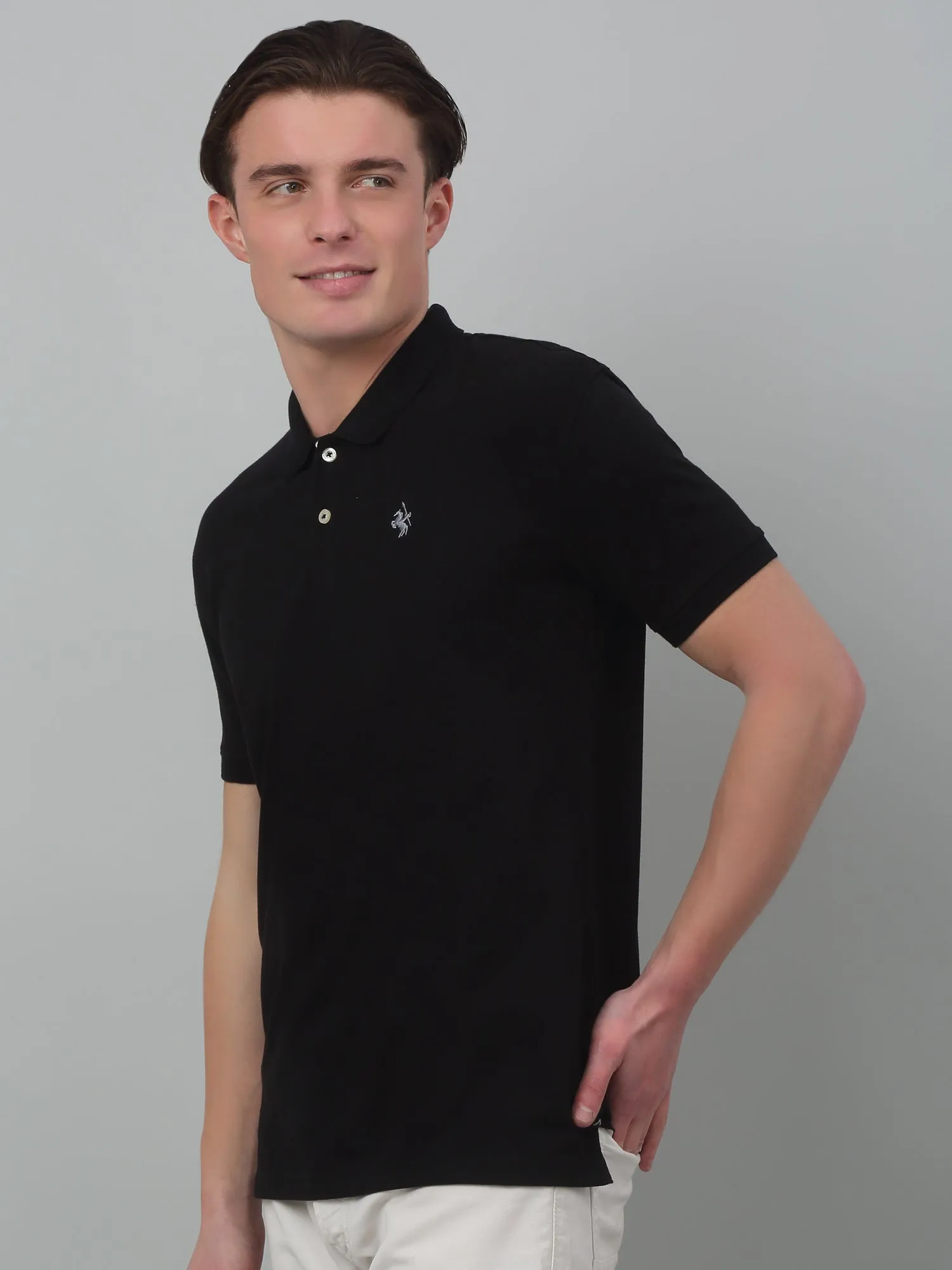 Cantabil Black Solid Polo Neck Half Sleeve T-shirt For Men