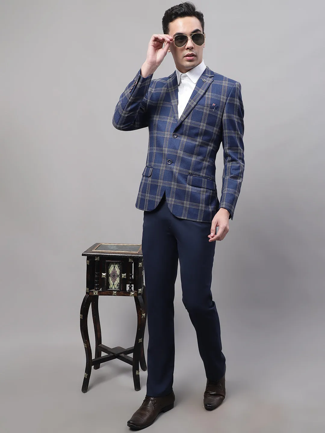 Cantabil Blue Checkered Full Sleeves Formal Blazer For Men