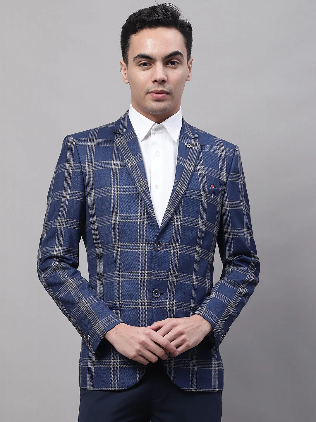 Cantabil Blue Checkered Full Sleeves Formal Blazer For Men