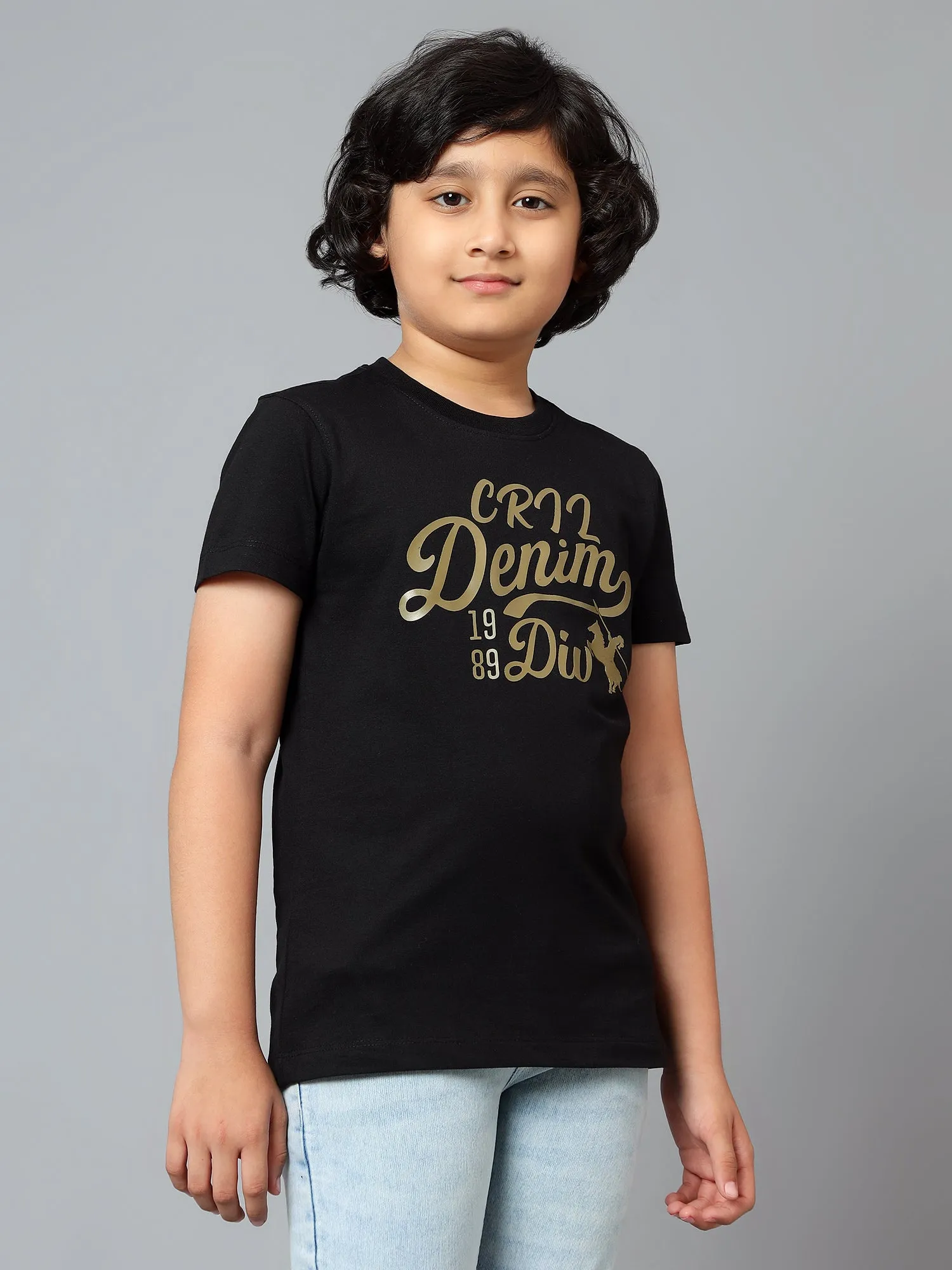 Cantabil Boy's Black Printed Round Neck Half Sleeve T-shirt