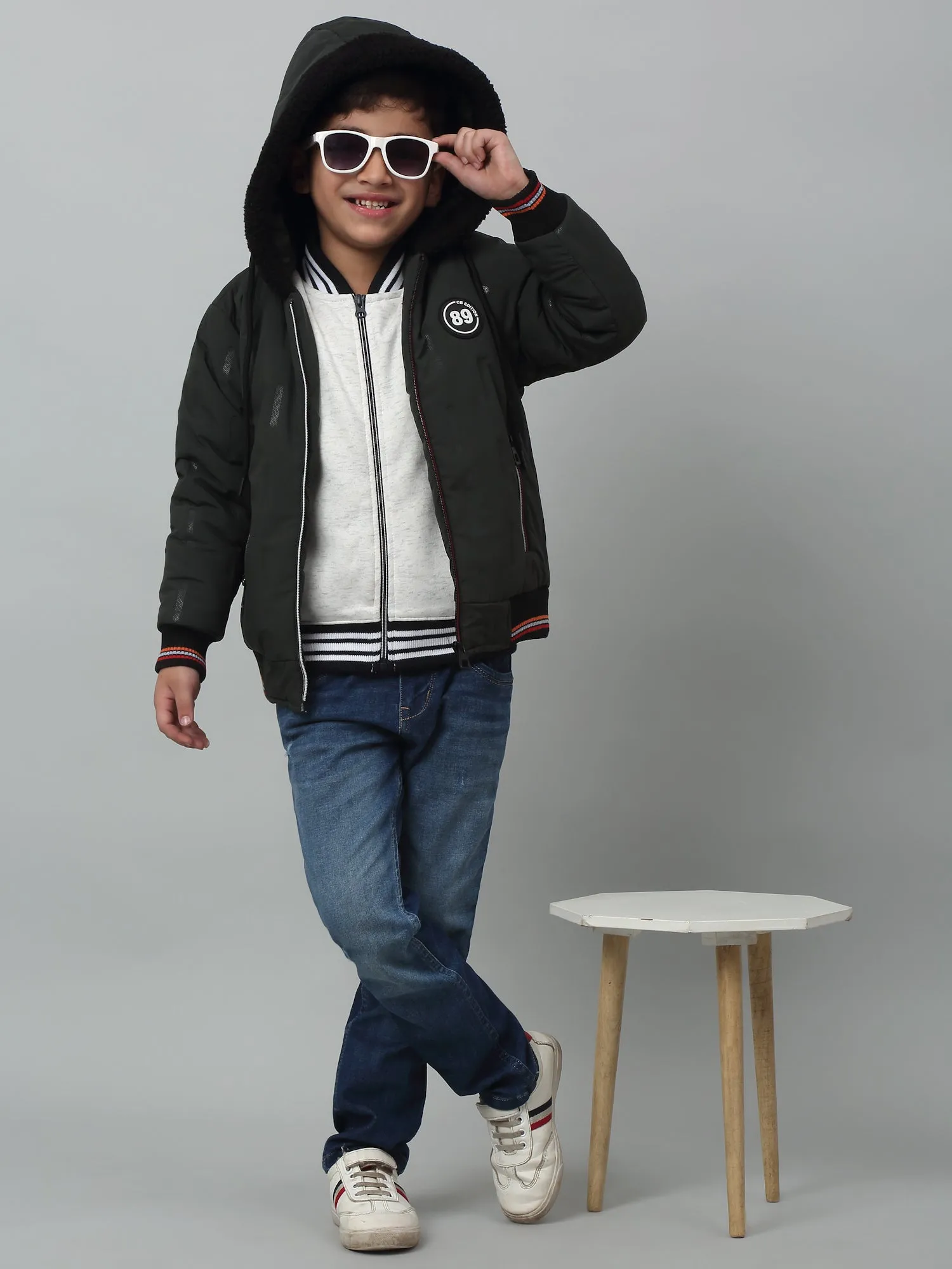 Cantabil Boys Bottle Green Hooded Neck Solid Casual Jacket For Winter