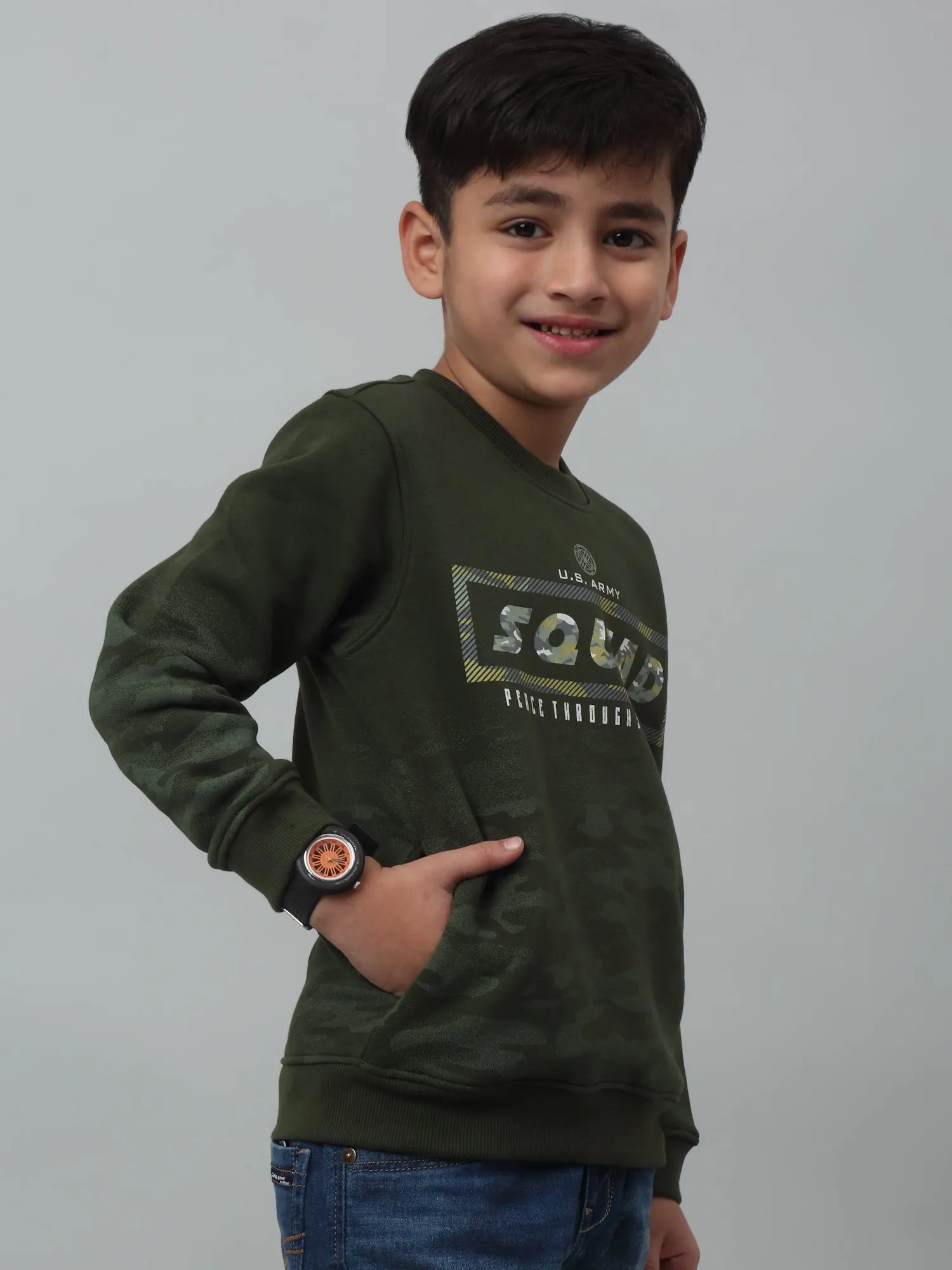 Cantabil Boys Green Printed Round Neck Sweatshirt For Winter