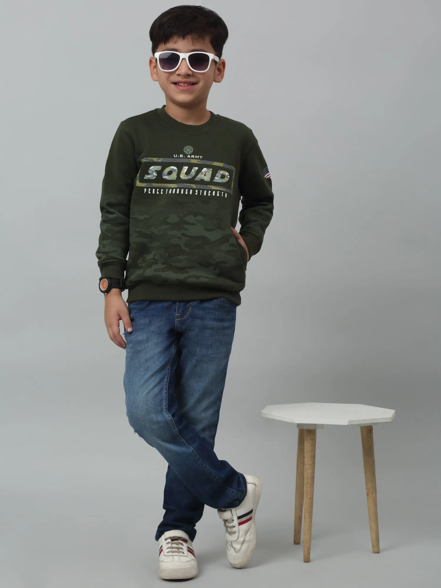 Cantabil Boys Green Printed Round Neck Sweatshirt For Winter