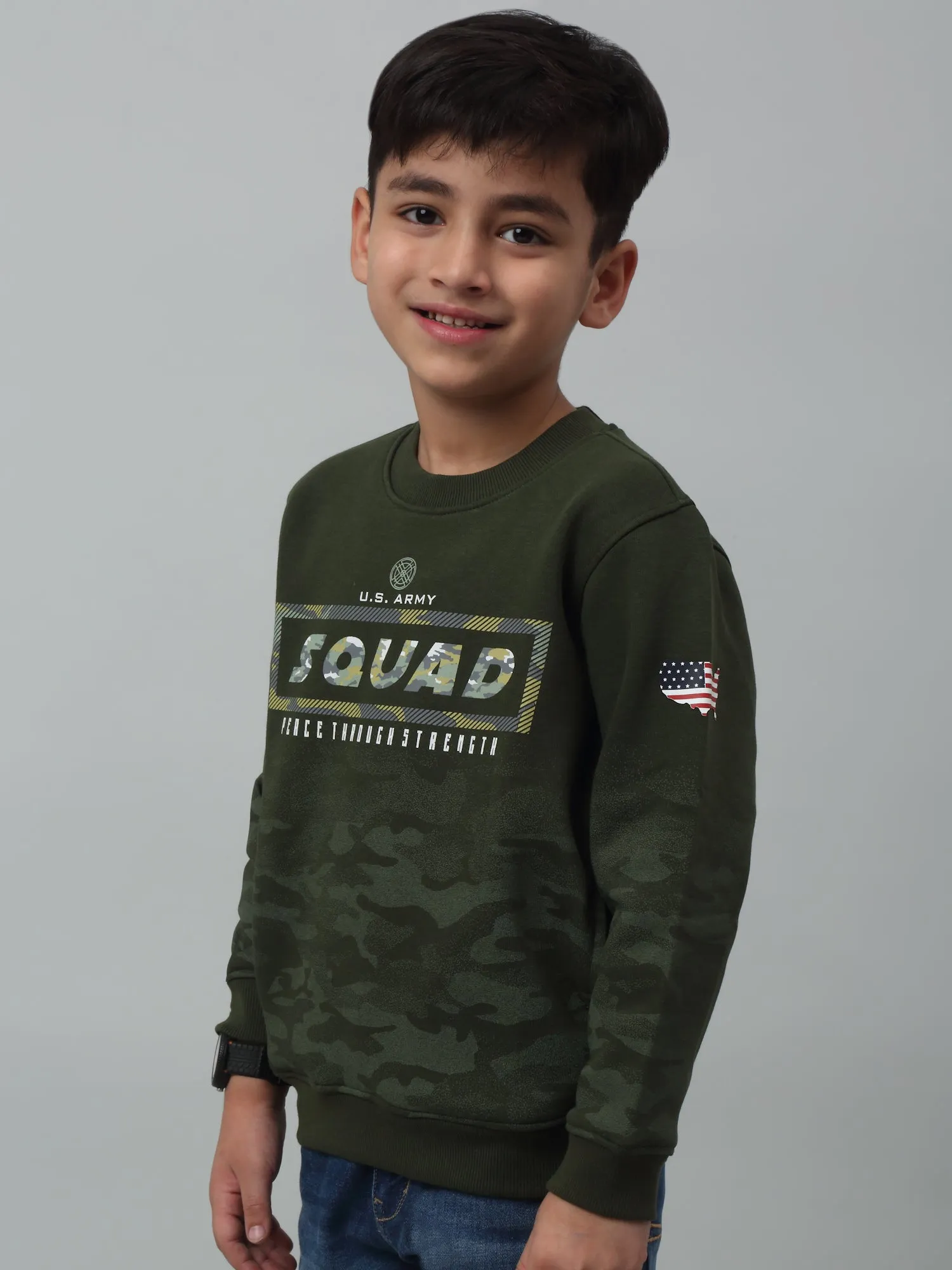 Cantabil Boys Green Printed Round Neck Sweatshirt For Winter