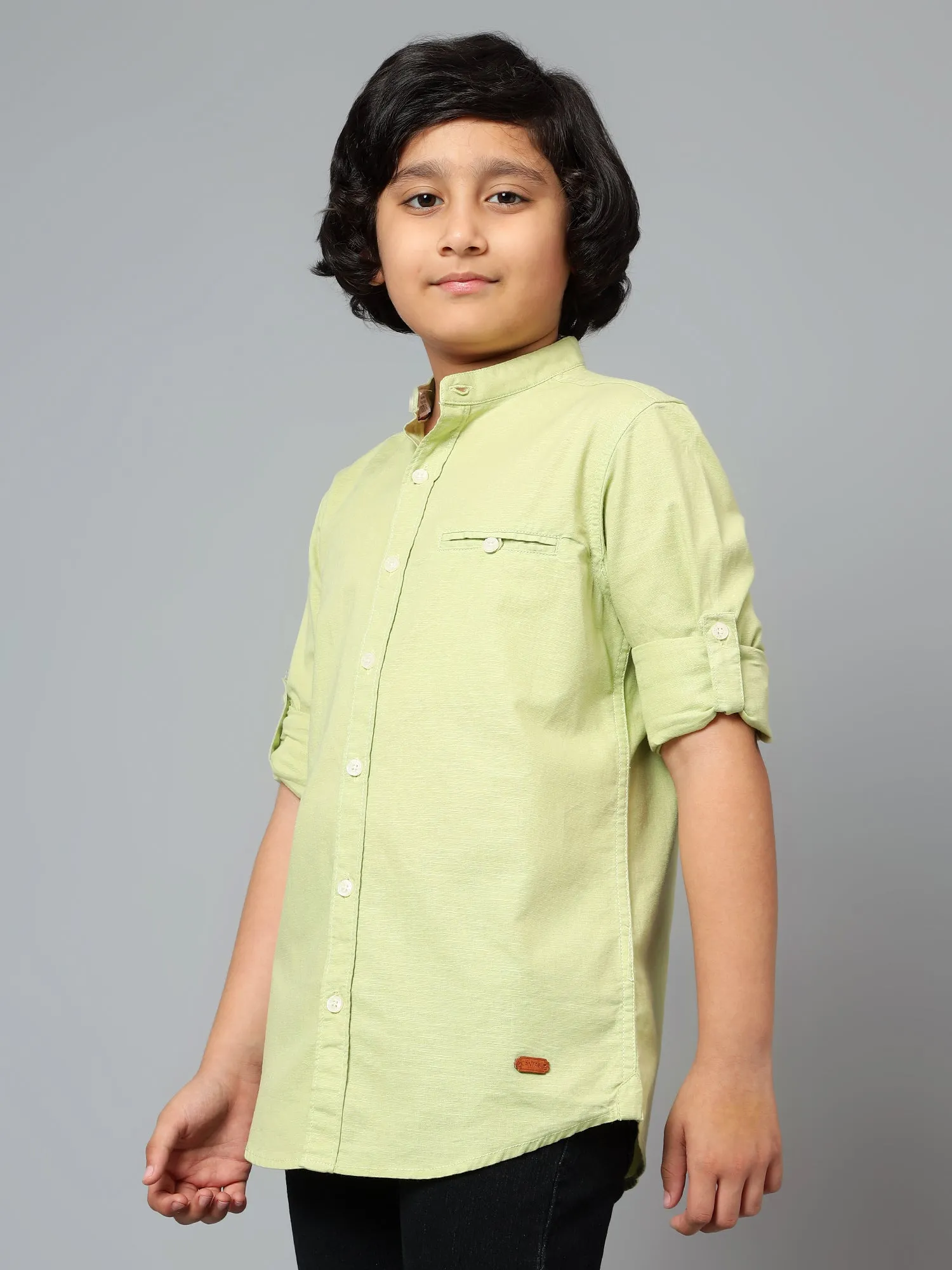 Cantabil Boy's Green Solid Mandarin Collar Full Sleeve Shirt