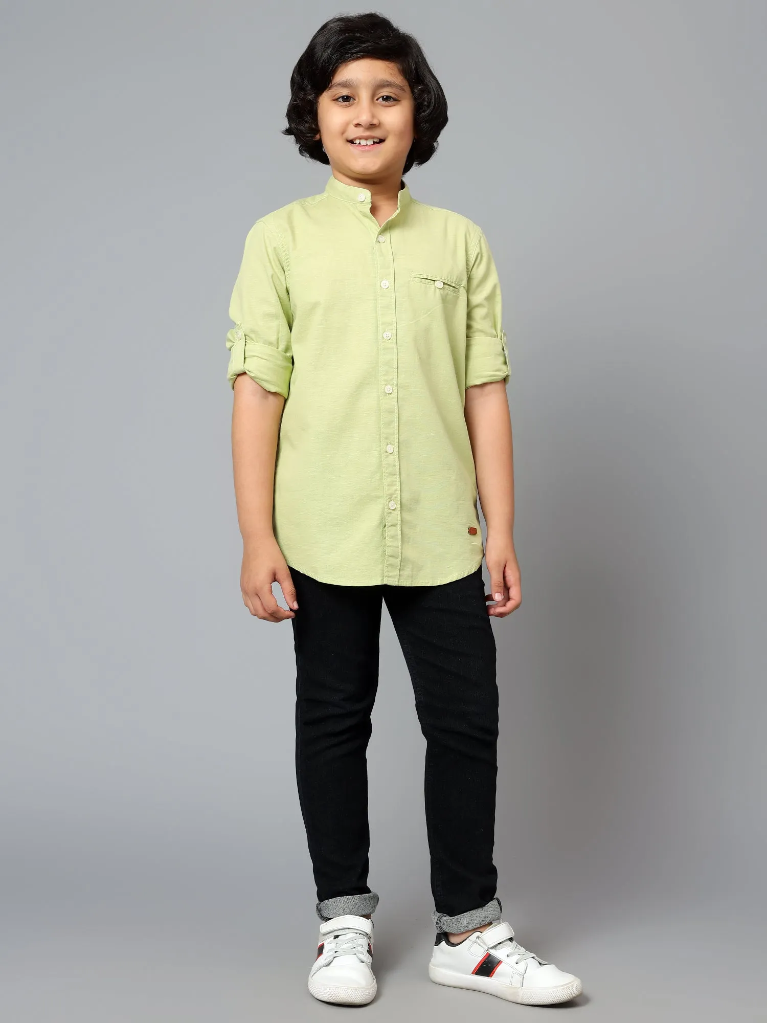 Cantabil Boy's Green Solid Mandarin Collar Full Sleeve Shirt