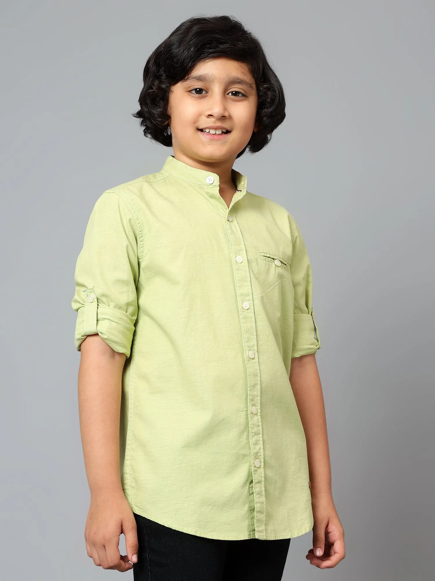 Cantabil Boy's Green Solid Mandarin Collar Full Sleeve Shirt