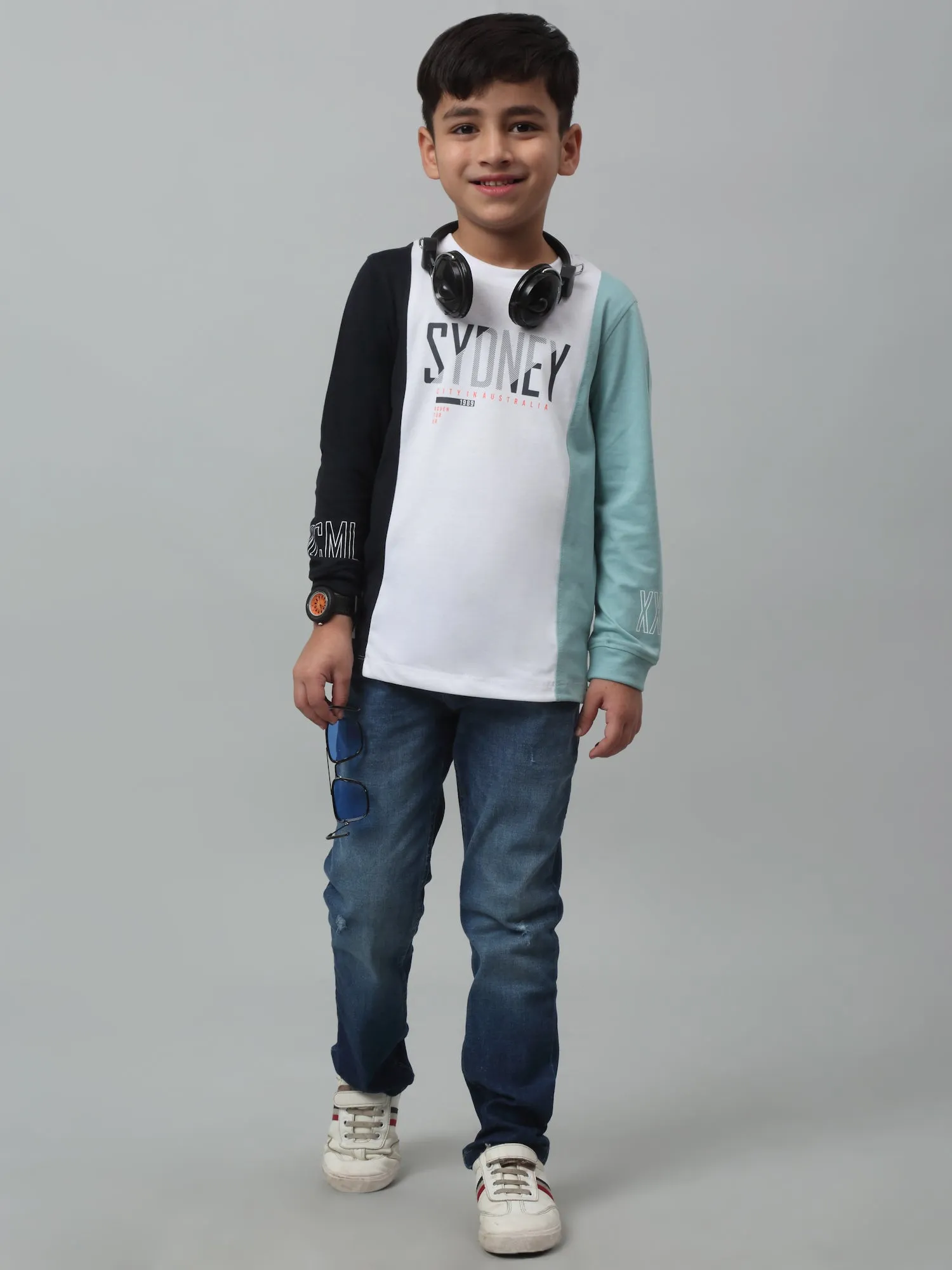 Cantabil Boys Navy Blue Color Block Full Sleeves Casual Cotton T-Shirt