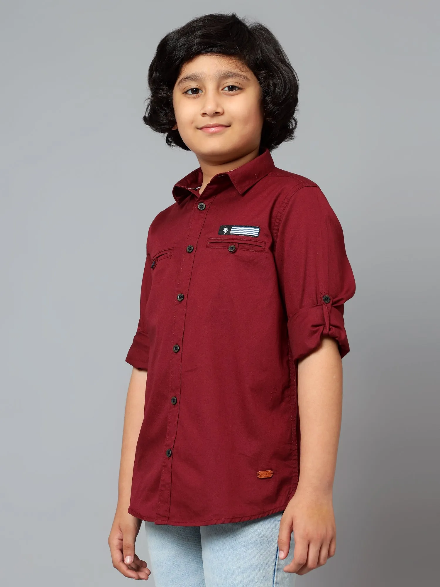 Cantabil Boy's Wine Solid Spread Collar Full Sleeve Shirt