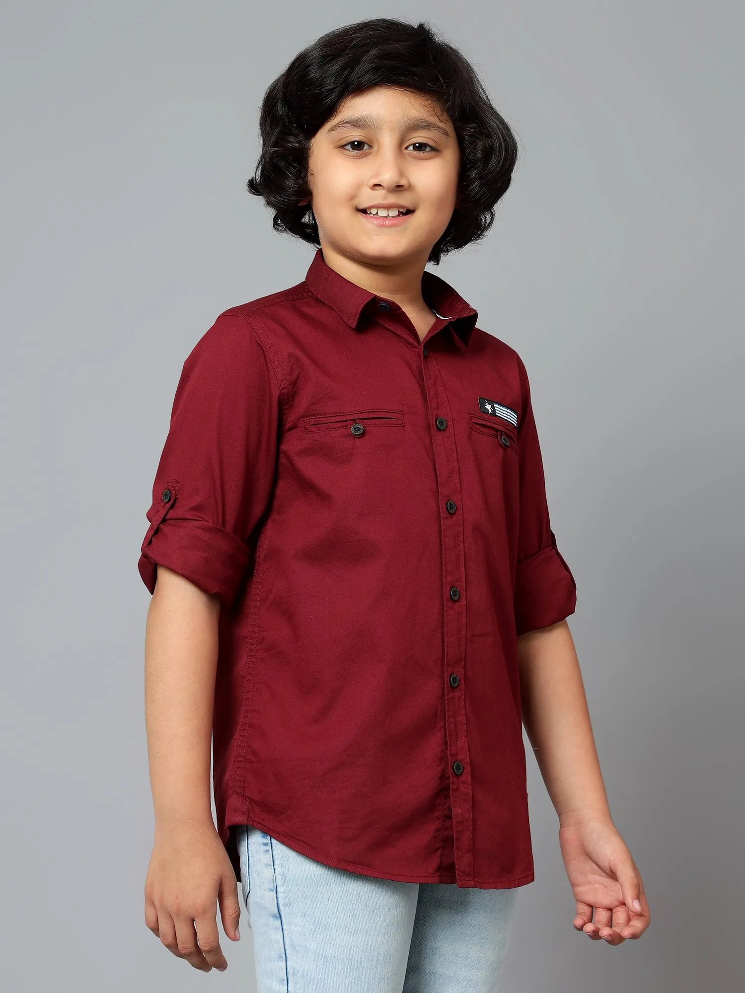 Cantabil Boy's Wine Solid Spread Collar Full Sleeve Shirt