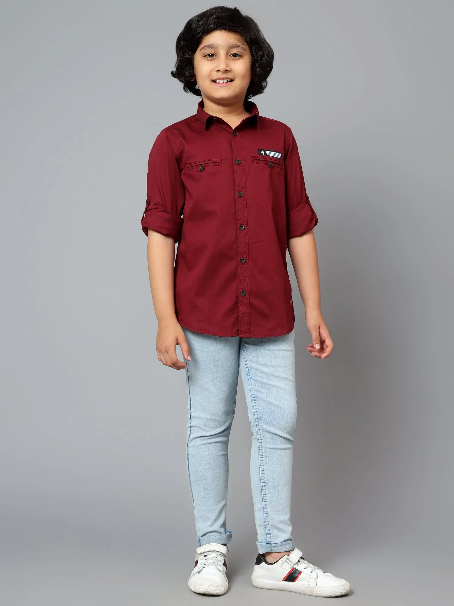 Cantabil Boy's Wine Solid Spread Collar Full Sleeve Shirt