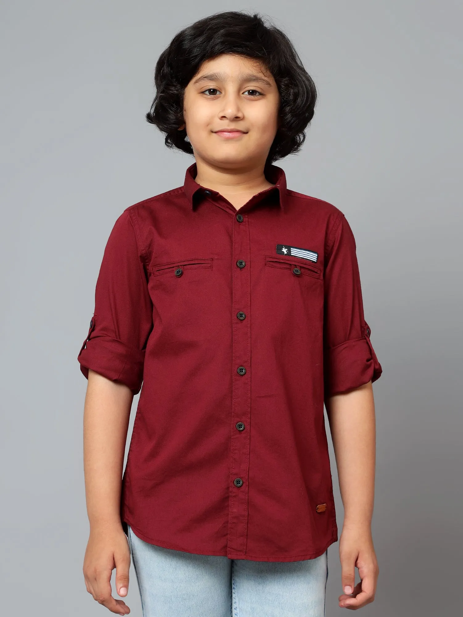 Cantabil Boy's Wine Solid Spread Collar Full Sleeve Shirt