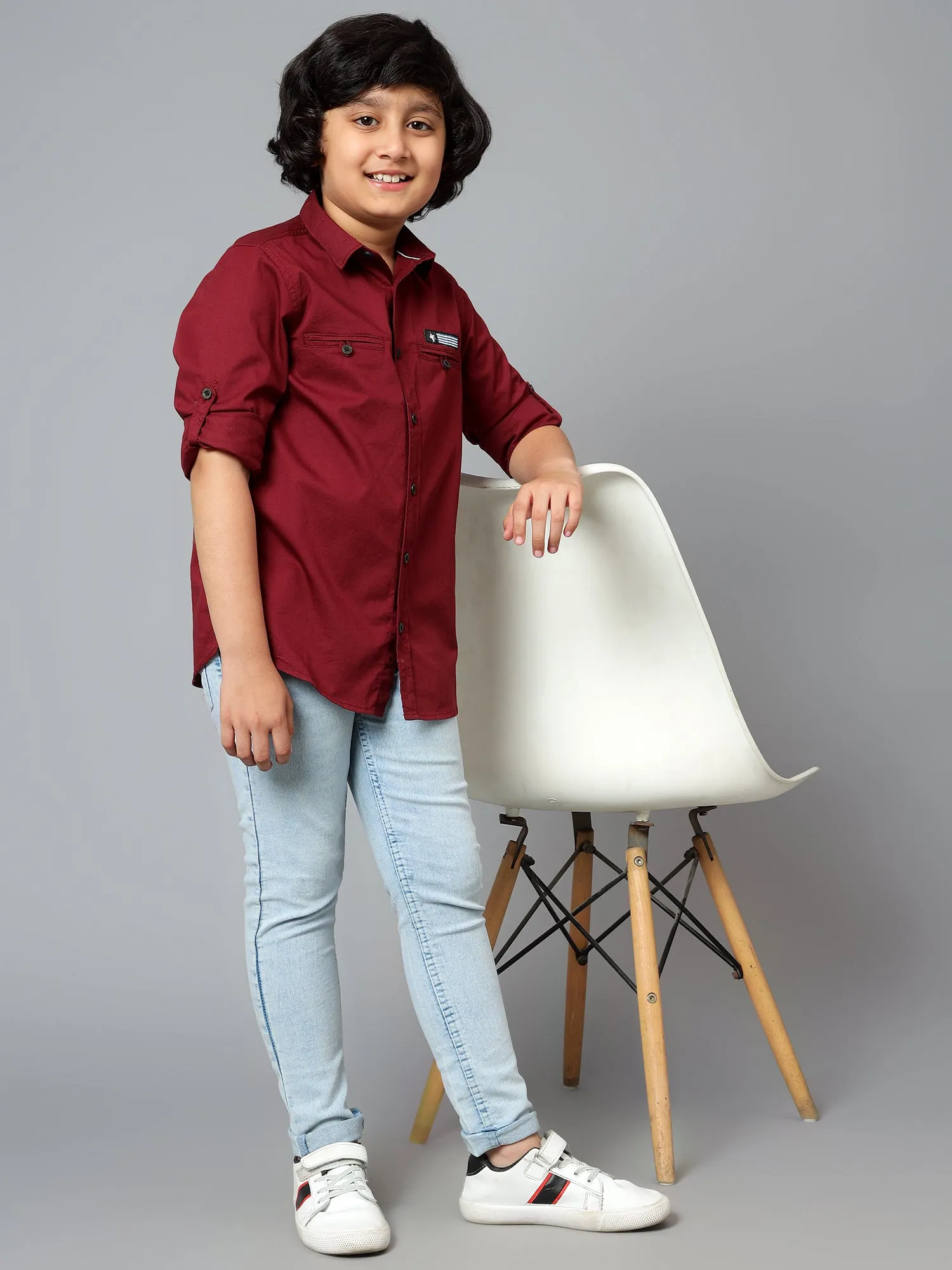 Cantabil Boy's Wine Solid Spread Collar Full Sleeve Shirt