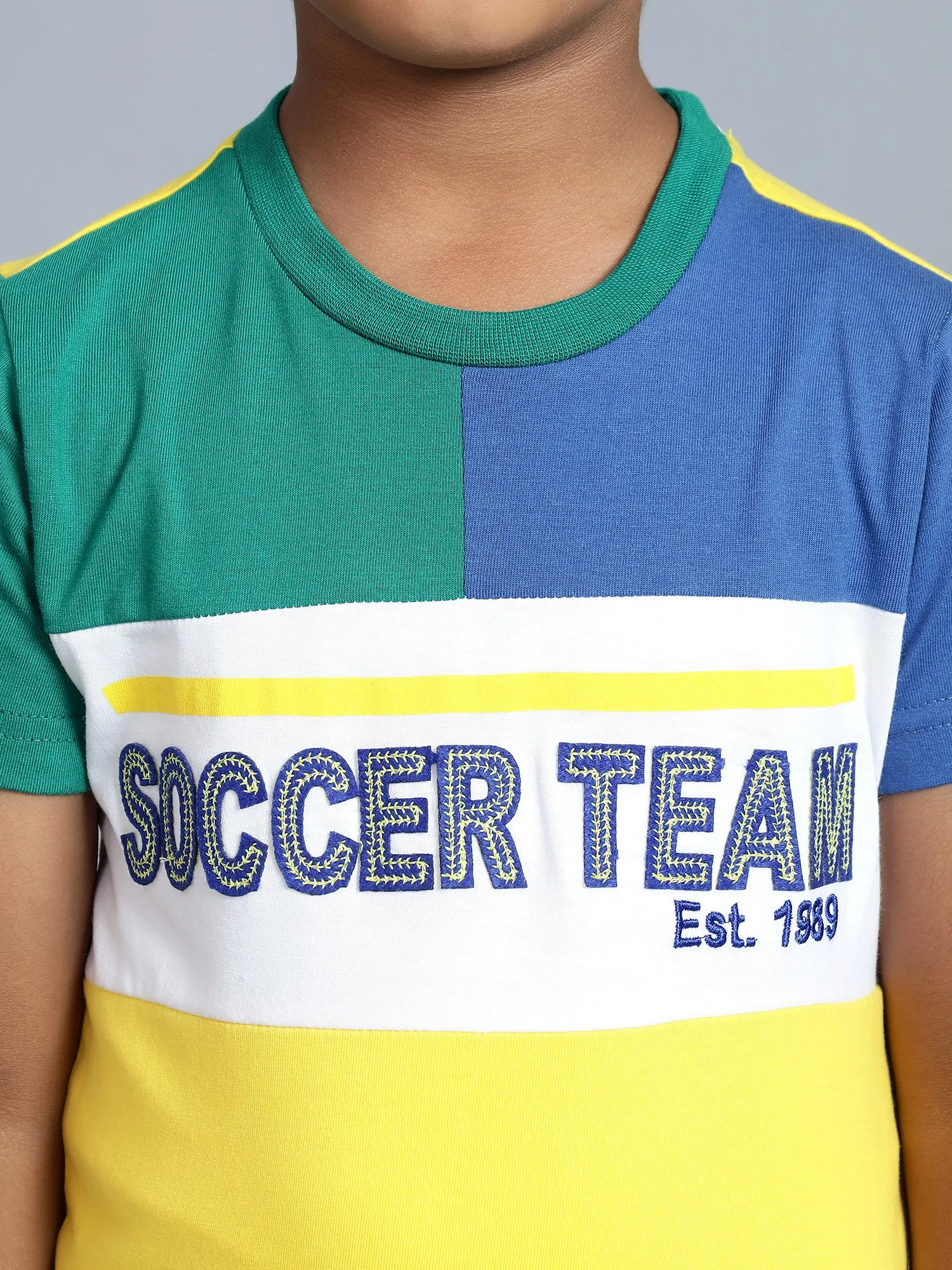 Cantabil Boy's Yellow Color Block Round Neck T-shirt